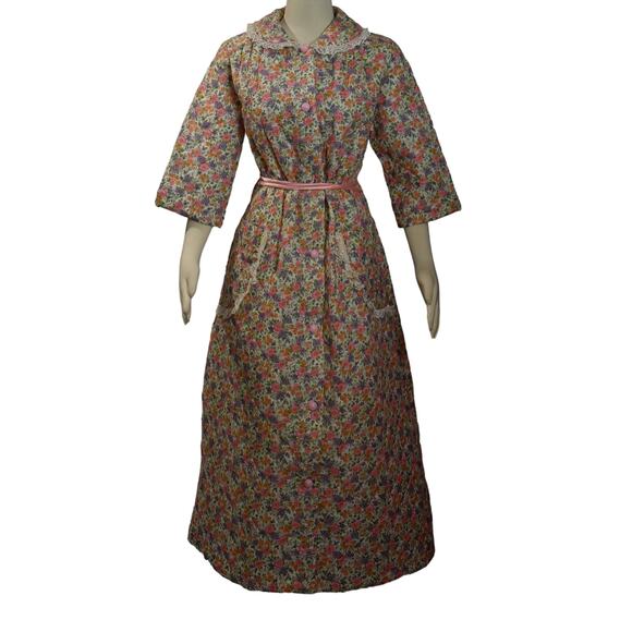 1960s Daisy Floral Pattern Quilted Cotton Blend Bathrobe Housecoat Size Vtg 38 - Picture 2 of 9